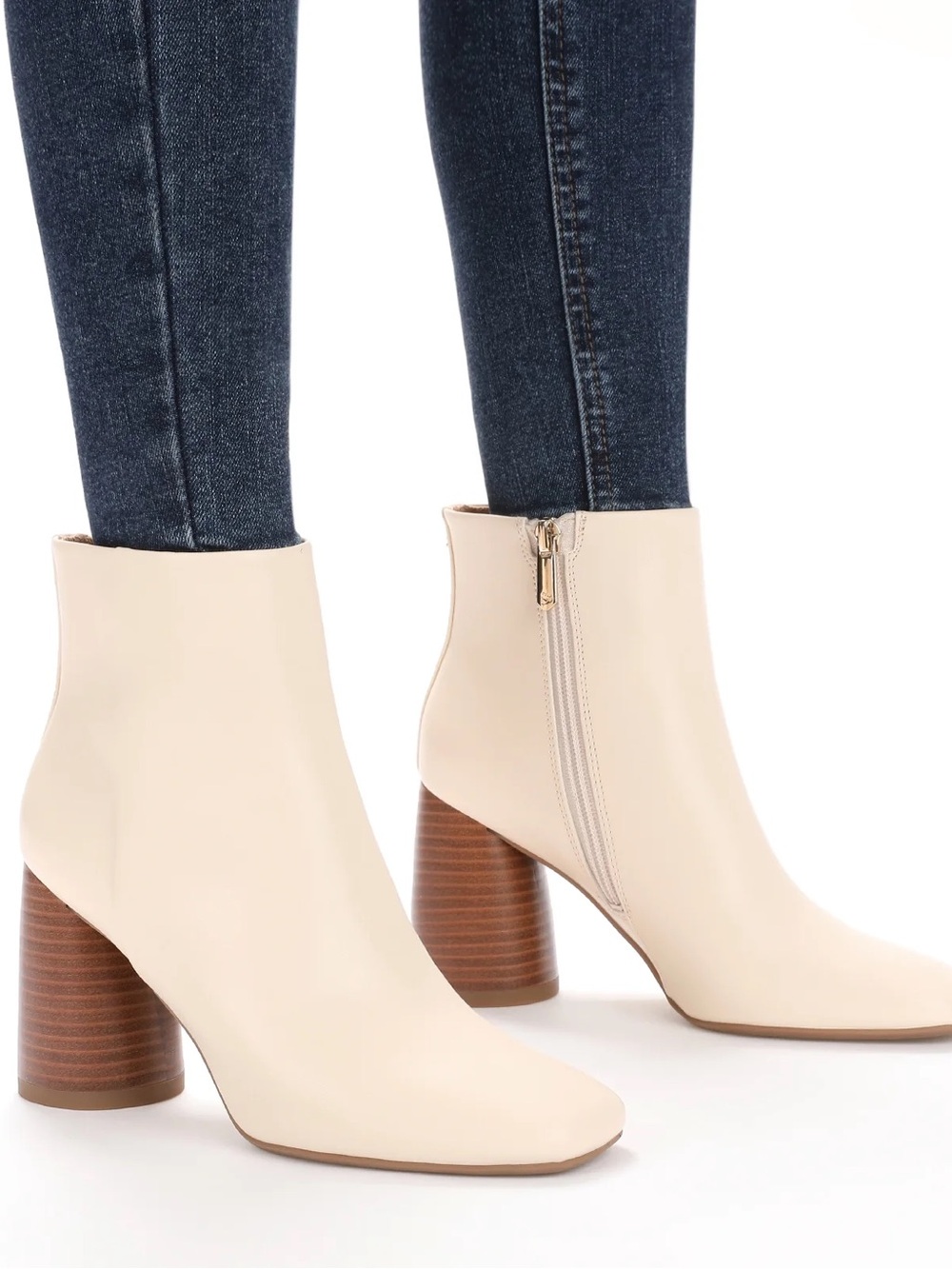 Women's Cream Ankle Boots with Block Heel